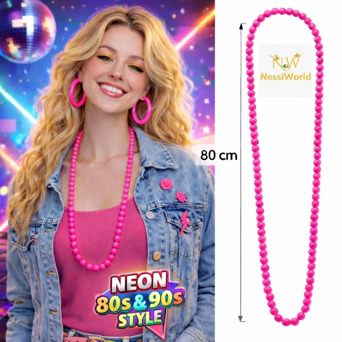 Timion Neon Pembe Boncuk Kolye 80 cm – Retro 80’ler 90’lar Parti Aksesuarı