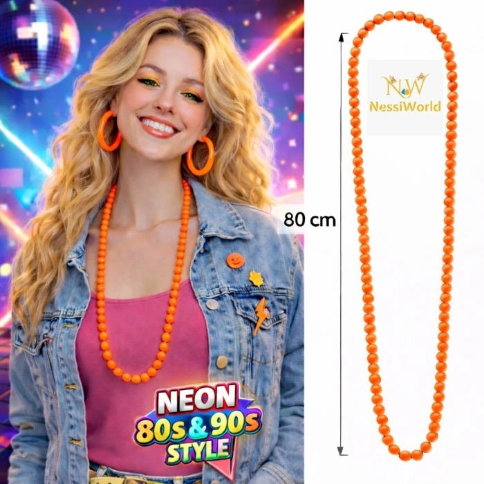 Timion Neon Turuncu Boncuk Kolye 80 cm – Retro 80’ler 90’lar Parti Aksesuarı