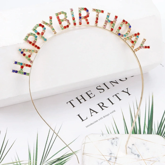 Timion Rengarenk Kristal Taşlı Ekstra Lüks Gümüş Kaplama Happy Birthday Taç 16x17 cm (5148)