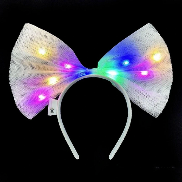 Timion Rengarenk Led Işıklı Fiyonk Şekilli Tül Parti Tacı Beyaz Renk 25x25 cm (5148)