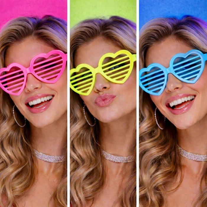 Timion Retro Neon Fosforlu Kalp Panjur Gözlük 12 Adet – 80’ler 90’lar Parti Stili (5148)