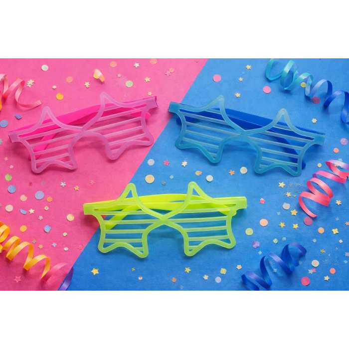 Timion Retro Neon Fosforlu Yıldız Panjur Gözlük 12 Adet – 80’ler 90’lar Parti Stili (5148)