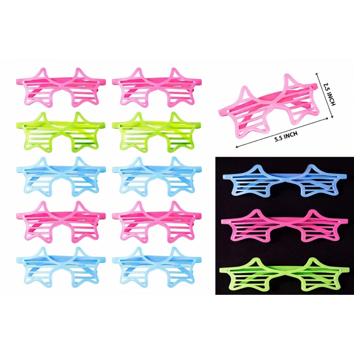 Timion Retro Neon Fosforlu Yıldız Panjur Gözlük 12 Adet – 80’ler 90’lar Parti Stili (5148)