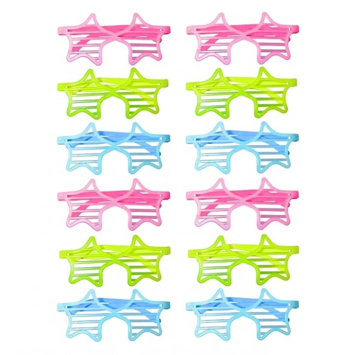 Timion Retro Neon Fosforlu Yıldız Panjur Gözlük 12 Adet – 80’ler 90’lar Parti Stili (5148)