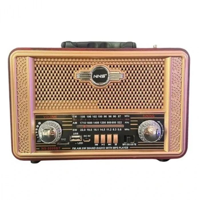 Timion Retro, Nostaljik, Ahşap Tasarım Bluetooth Hoparlörlü, Şarjlı, Taşınabilir Otantik Tasarımlı FM/AM Destekli Radyo NS8098 (5148)