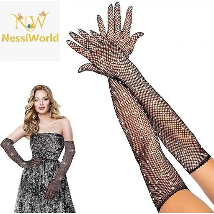 Timion Siyah Renk İncili Elmas İşlemeli File Örgü Uzun Eldiven 45 cm