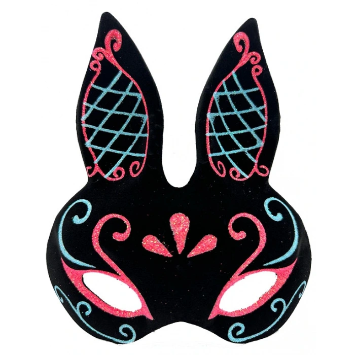 Timion Siyah Renk Mavi Kırmızı Simli Siyah Süet Kaplama Tavşan Maskesi 18x16 cm (5148)