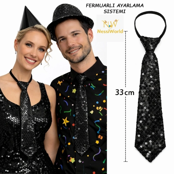 Timion Siyah Renk Pul Payetli Işıltılı Parti Kravatı 33 cm