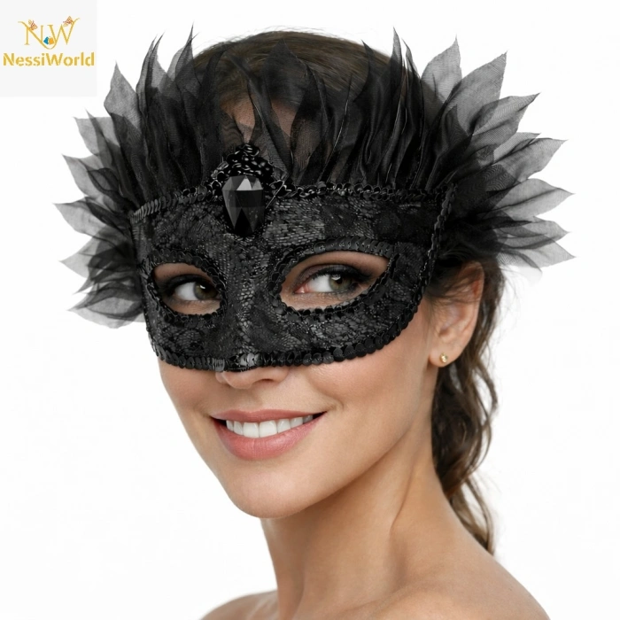 Timion Siyah Taşlı Venedik Maskesi Lüks Tüllü Parti Maskesi