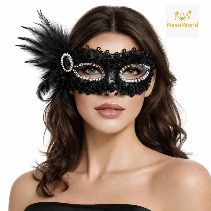 Timion Siyah Taşlı Venedik Parti Maskesi – Tüylü Payetli