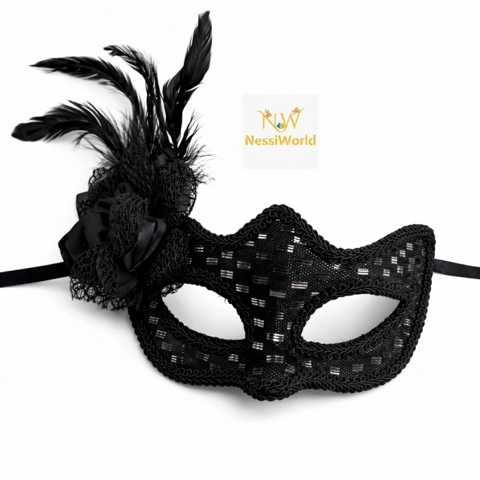 Timion Siyah Tüylü Balo Maskesi Kadın Parti Aksesuarı