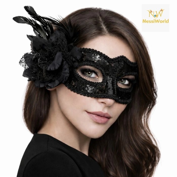 Timion Siyah Venedik Parti Maskesi – Çiçekli Tüylü Payetli