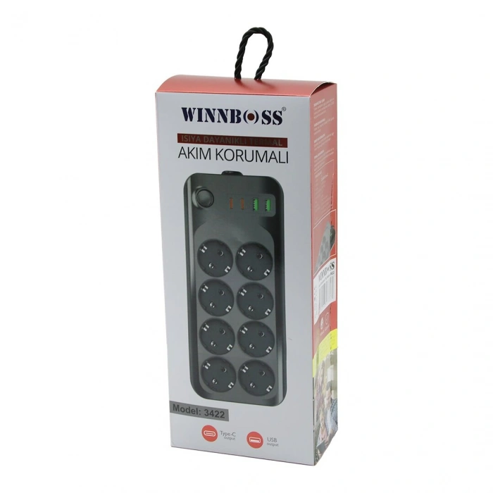 Timion TERMAL AKIM - KISA DEVRE KORUMALI 8Lİ PRİZ 2+2 USB-TYPE-C - 2 METRE ANAHTARLI UZATMA KABLO 16A - 4000W (5148)