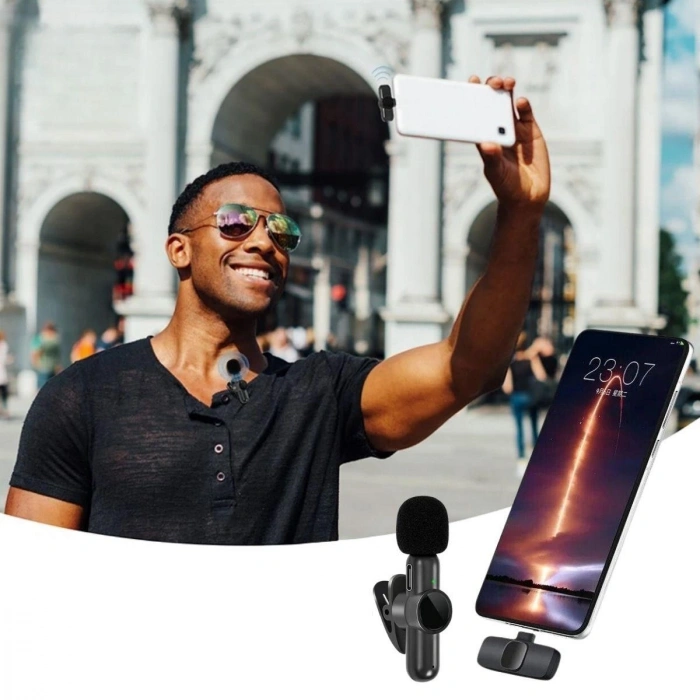 Timion Type C Uyumlu İphone Dönüştürücülü Kablosuz Yaka Mikrofonu Android ve İphone Uyumlu Mini Mikrofon (5148)