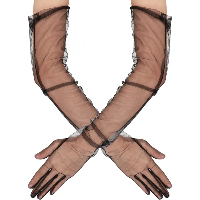 Timion Uzun Boy Likralı Siyah Renk Yetişkin Mega Tül Eldiven 53 cm (5148)