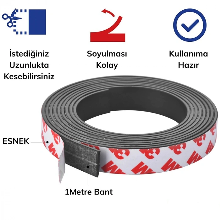 Timion Yapışkanlı Şerit Mıknatıs Magnet Kes Kullan Güçlü Sağlam Rulo Çıkarılması Kolay Siyah 2cm x 1 mt (5148)