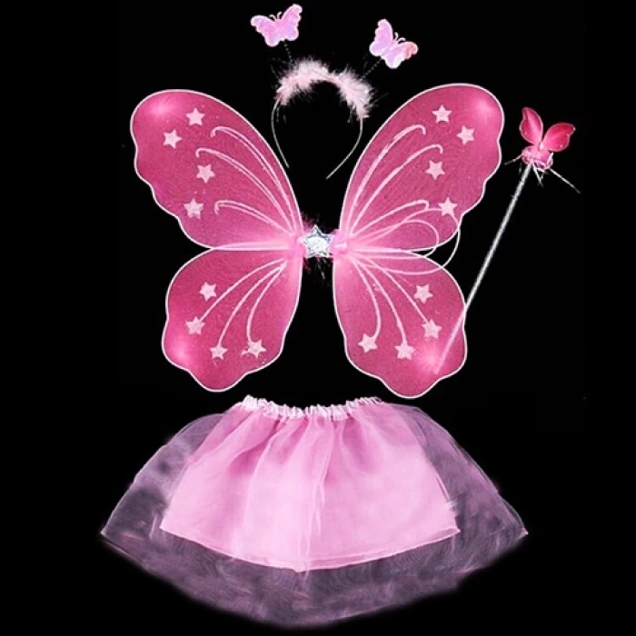 Toz Pembe Kelebek Kostümü - Toz Pembe Kelebek Kostüm Aksesuar Seti 4 Parça (5148)
