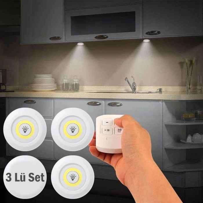 Uzaktan Kumandalı Yapışkanlı Kablosuz Pilli Led 3’lü (5148)