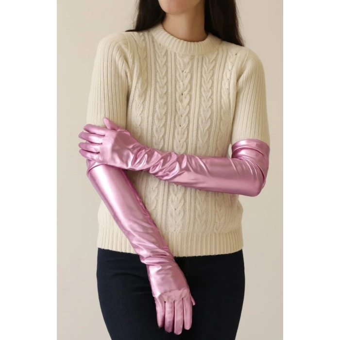 Uzun Boy Ekstra Parlak Saten Eldiven Pembe Renk NessiWorld