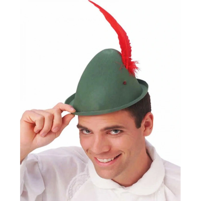 Timion Yeşil Renk Kırmızı Tüylü Peter Pan Şapkası Robin Hood Şapkası 24X23 cm