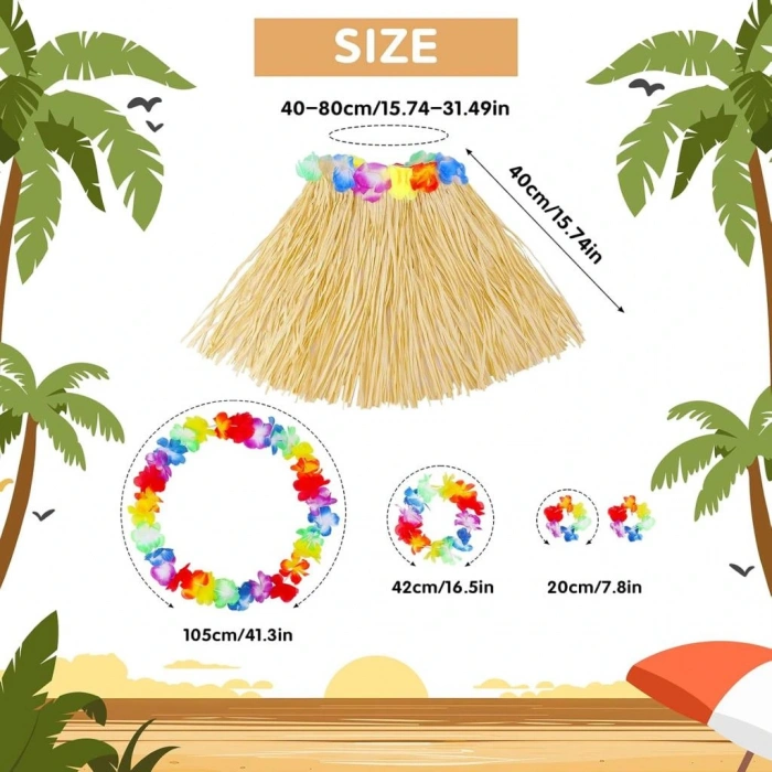 Timion Yetişkin Çocuk Hawaii Parti Seti - 40 cm Naturel Etek + Çiçek Aksesuarlar (5 Parça) NessiWorld