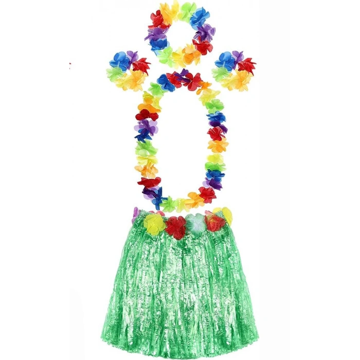 Yetişkin ve Çocuk Uyumlu Luau Aloha Hawaii Yeşil Etek ve Renkli Kolye Taç 2 Adet Bileklik Seti (5148)