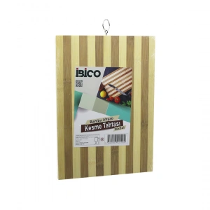 24 X 34 X 1.4cm Beyaz Çizgili Ahşap Bambu Kesim Panosu - Kesme Tahtası Metal Kulplu (5148)