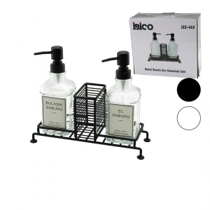 3 Pcs Metal Standlı - Cam Sıvı Sabunluk Seti Süngerlik (5148)