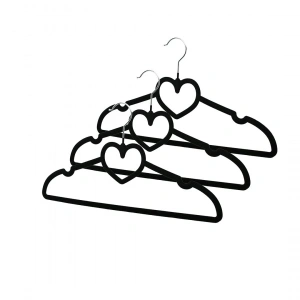 3pcs Siyah Kadife Kaplı - Kalpli Plastik Askı Metal Uçlu (5148)