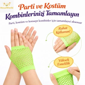 80’ler 90’lar Retro Neon Yeşil File Parmaksız Kısa Eldiven 11 cm