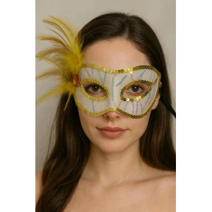 Altın Renk Yandan Tüylü Pul Payet İşlemeli Parti Maskesi 23x12 cm