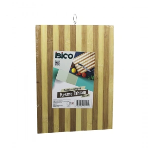 Beyaz Çizgili Ahşap Bambu Kesim Panosu - Kesme Tahtası Metal Kulplu 26 X 36 X 1.4cm (5148)
