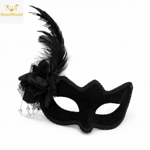 Timion Beyaz İnci Detaylı Siyah Süet Venedik Kadın Maskesi Tüylü Güllü