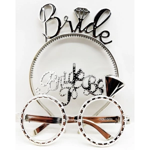 Bride Yazılı Taç ve Bride To Be Yazılı Gözlük Seti Gümüş Renk (5148)