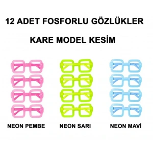   Fosforlu Kare Model Glow Parti Gözlüğü Karanlıkta Yanan Gözlükler 12 Adet