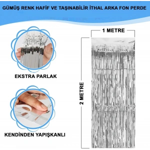 Gümüş Renk Ekstra Metalize Parlak Saçaklı Arka Fon Perde İthal A Kalite 1x2 Metre (5148)