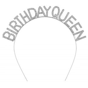 Gümüş Renk Kristal Taşlı Parlak Birthday Queen Yazılı Kraliçe Taç 16x17 cm (5148)