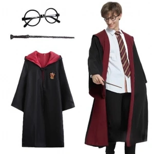 Harry Potter Gryffindor Kapişonlu Çocuk Kostüm + Asa + Gözlük Seti 5-6 Yaş (5148)