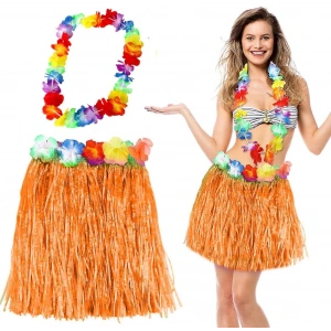 Timion Hawaii Luau Aloha Turuncu Püsküllü 40 cm Etek ve Hawaii Kolye Seti