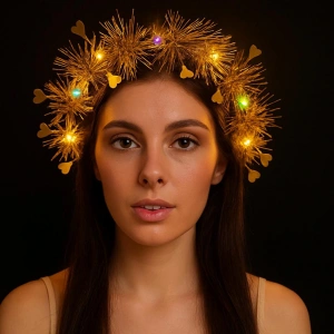Kalp Püsküllü Gece Parıltısı 3 Modlu LED li Işıklı Taç Altın Renk