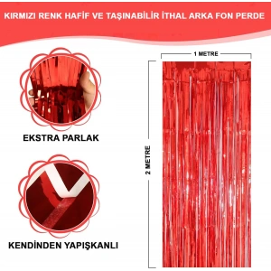 Kırmızı Renk Ekstra Metalize Parlak Saçaklı Arka Fon Perde İthal A Kalite 1x2 Metre (5148)