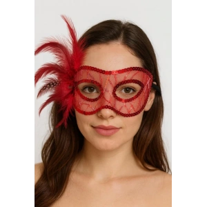 Kırmızı Renk Yandan Tüylü Pul Payet İşlemeli Parti Maskesi 23x12 cm