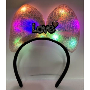 Led Işıklı 3 Farklı Fonksiyonda Yanan Gümüş Love Yazılı Toz Pembe Fiyonk Taç 20X17 cm (5148)