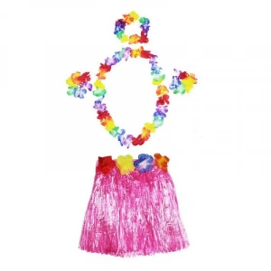 Luau Aloha Hawaii  Kolye Etek Taç ve Bileklik Seti Pembe (5148)