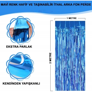 Mavi Renk Ekstra Metalize Parlak Saçaklı Arka Fon Perde İthal A Kalite 1x2 Metre (5148)