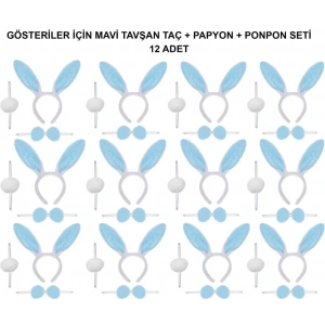 Mavi Tavşan Kostüm Seti – Taç, Papyon, Ponpon (12’li Paket)