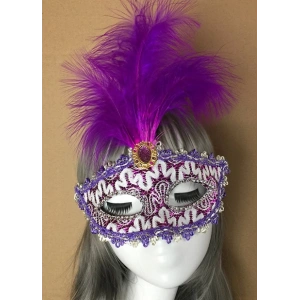 Mor Dantel İşlemeli Mor Tüylü Balo Parti Maskesi 17x20 cm (5148)