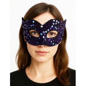 Mor Renk Arkadan Lastikli Pul Payet İşlemeli Balo After Parti Maskesi