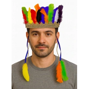 Rengarenk Tüylerle İşlenmiş Lastikli Kızılderili Başlığı