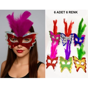 Renkli Parti Maskesi 6&apos;lı | Tüylü Karton Maske Seti (Lastikli) (5148)